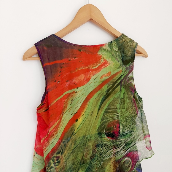 Floryday Multicolour Peacock Chiffon Layered Midi Hanky Hem Dress Size Small - Picture 5 of 6